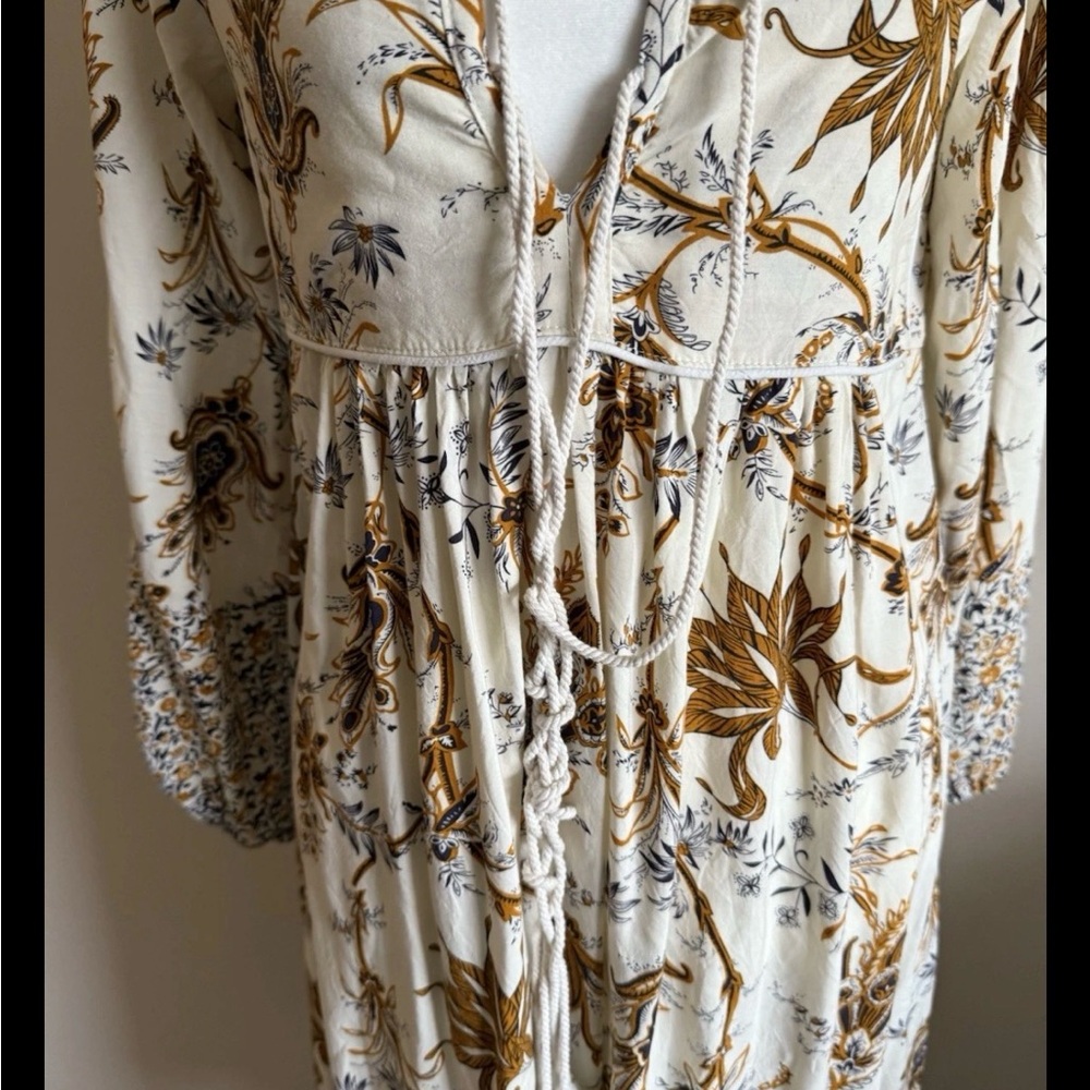 Boho floral midi dress cream/ mustard long sleeve sz sm fairy - Picture 4 of 6
